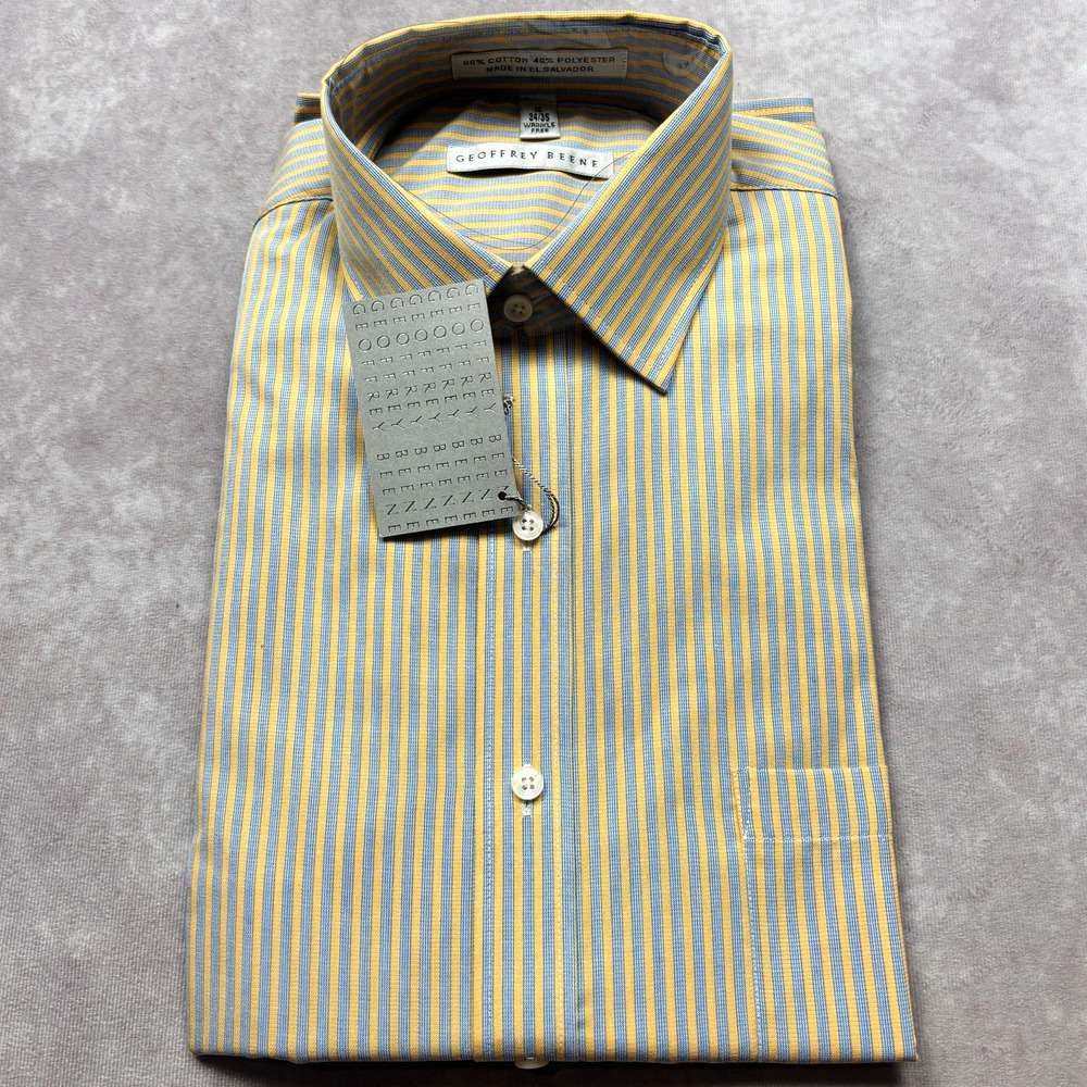 Geoffrey Beene Men's Dress Shirt 16 34/35 Wrinkle Free Yellow Blue Stripe NWT